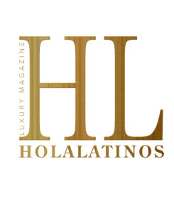Logo of HolaLatinos luxury magazine with gold letters.