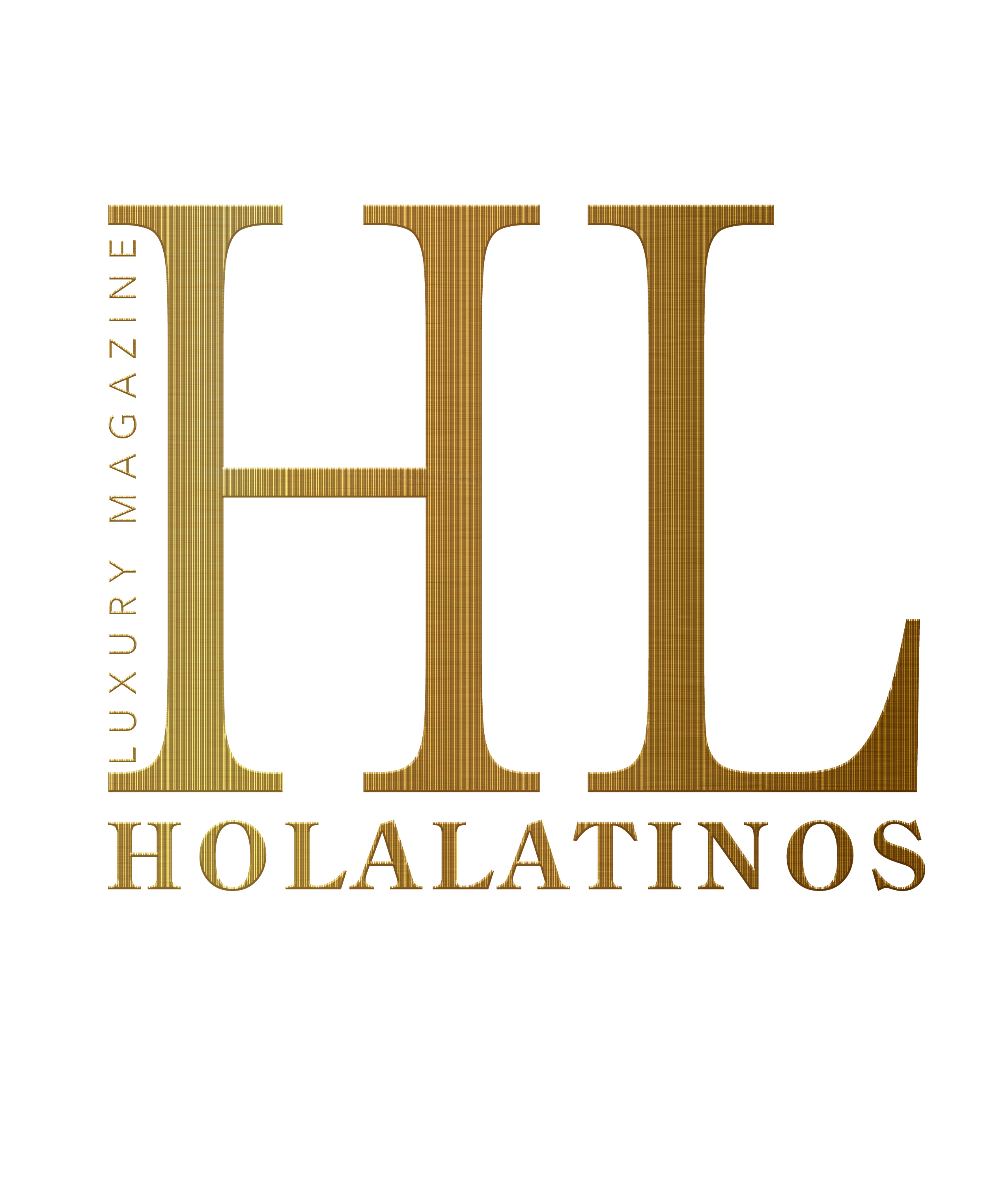 Logo of HolaLatinos luxury magazine with gold letters.