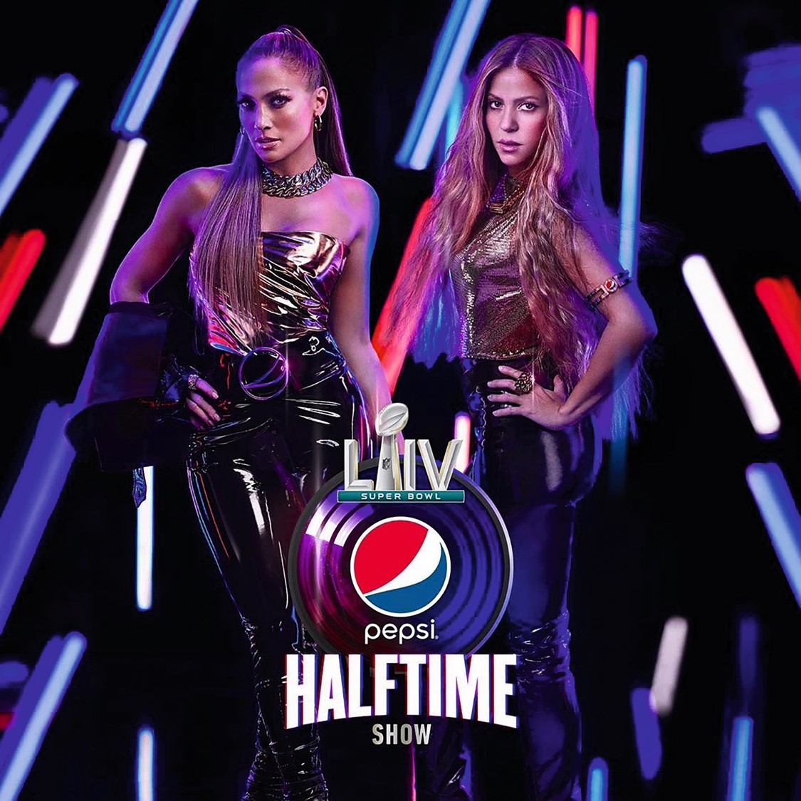 Two women posing in futuristic outfits with Pepsi Super Bowl LV halftime show logo.