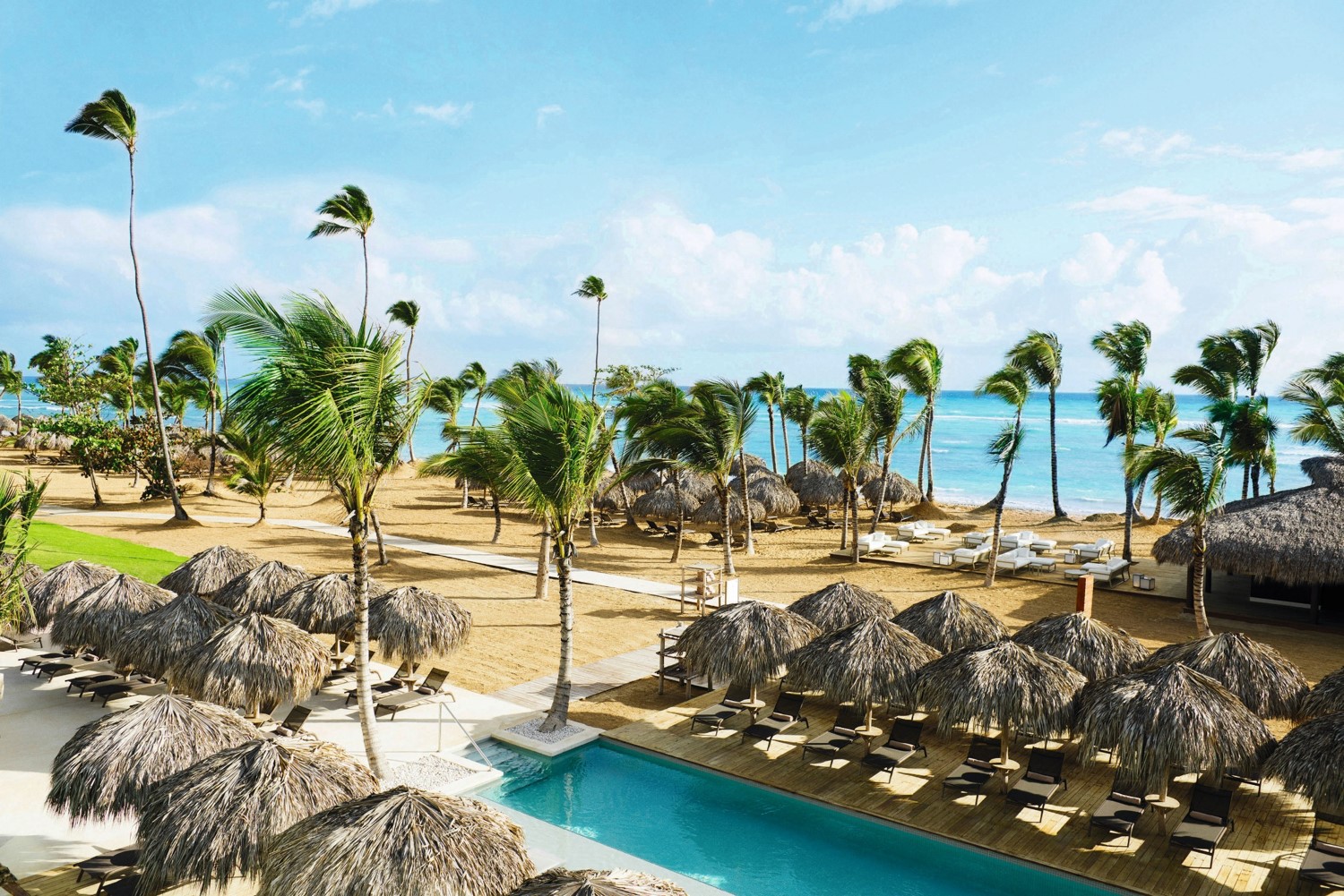 Tropical resort with pool, palm trees, and ocean view.