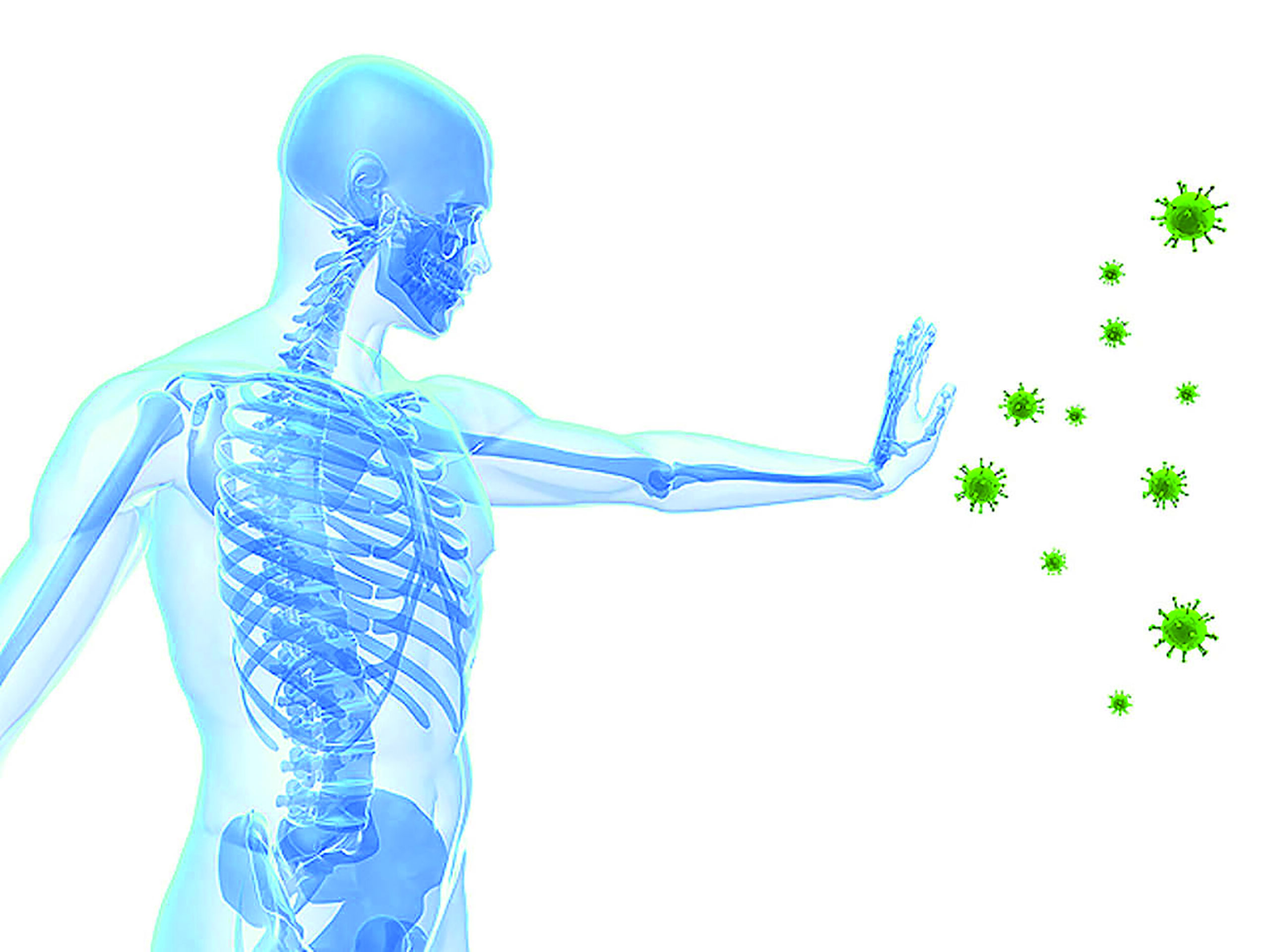 Transparent human skeleton blocking green virus particles with an outstretched hand.