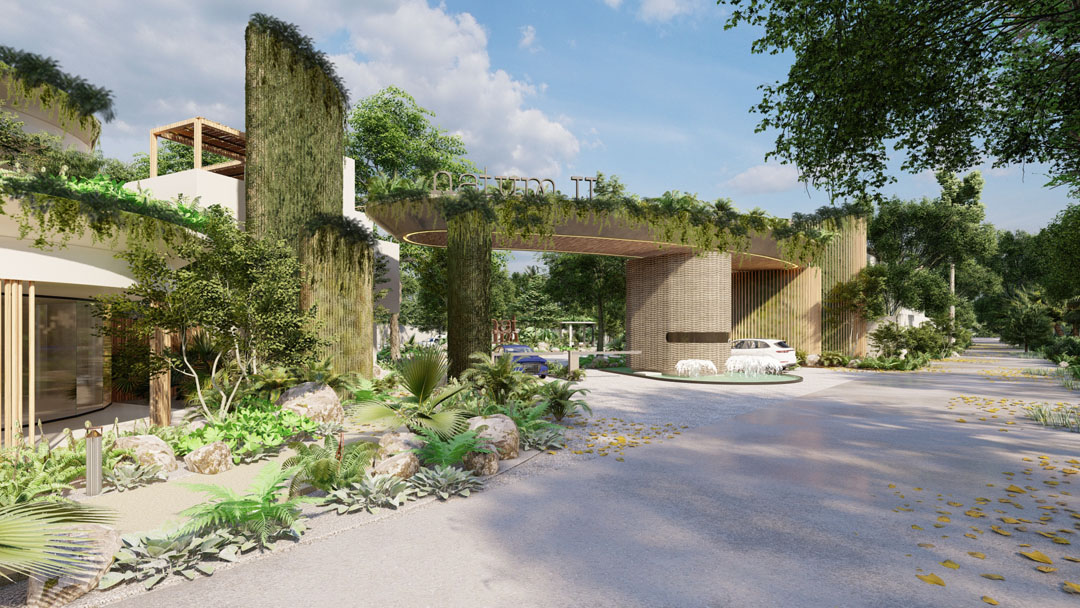 Modern house entrance with lush greenery and natural stone features.