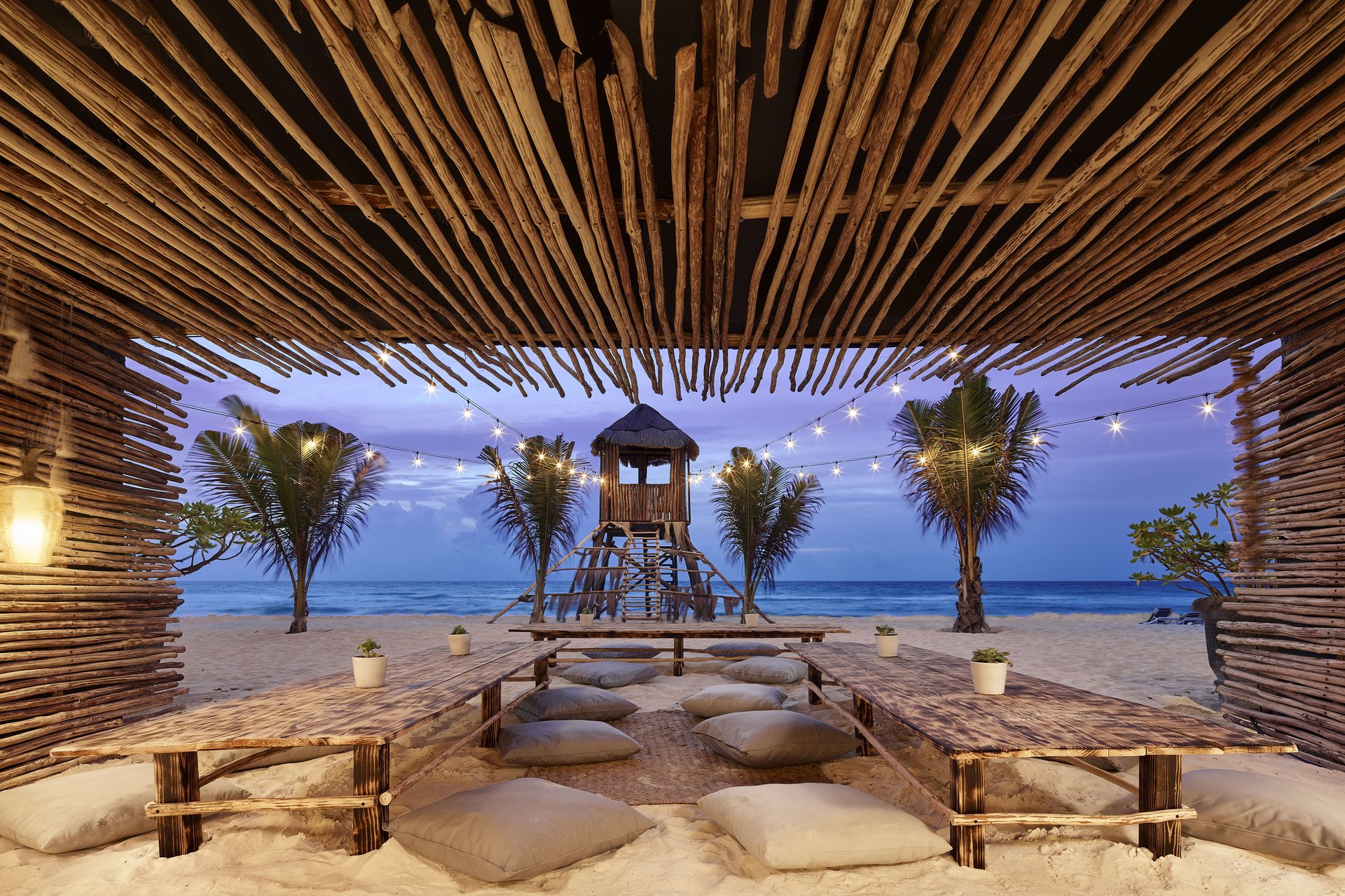 Sacbe Beach Shack at dusk at JW Marriott Cancun