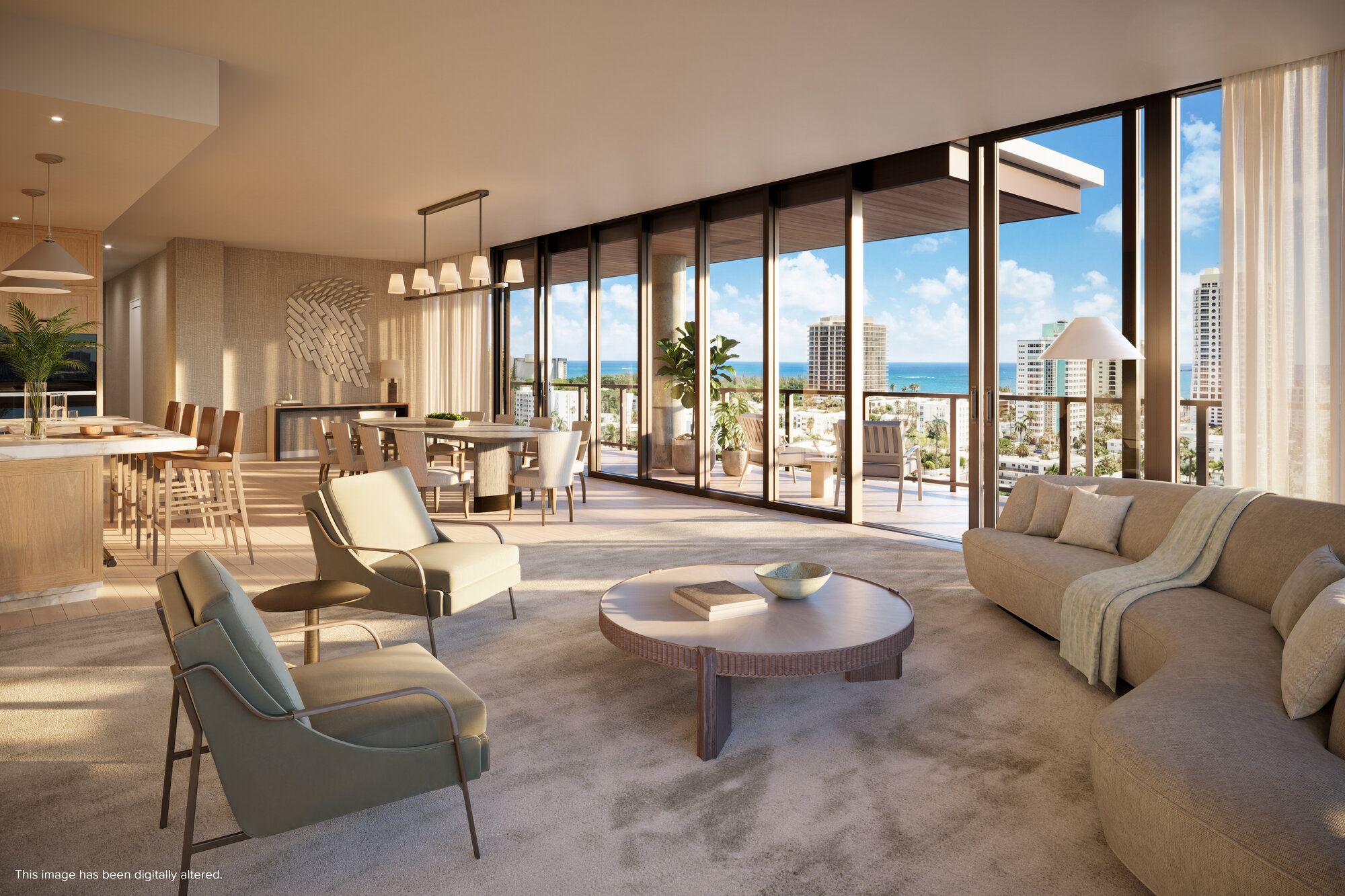 Renderización de la sala de un penthouse con ventanales de piso a techo frente al océano