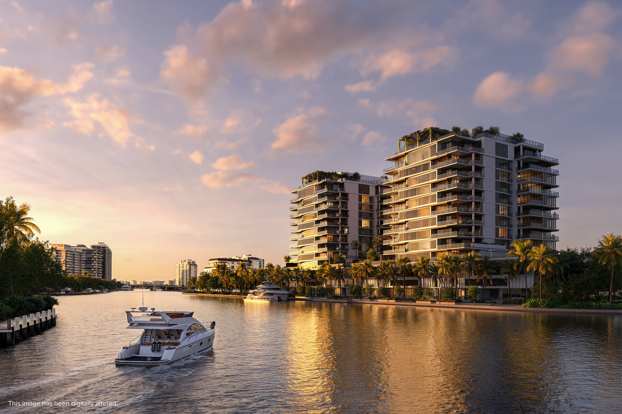 Rendering of The Ritz-Carlton Residences Fort Lauderdale Beach towers on the Intracoastal Waterway at sunset