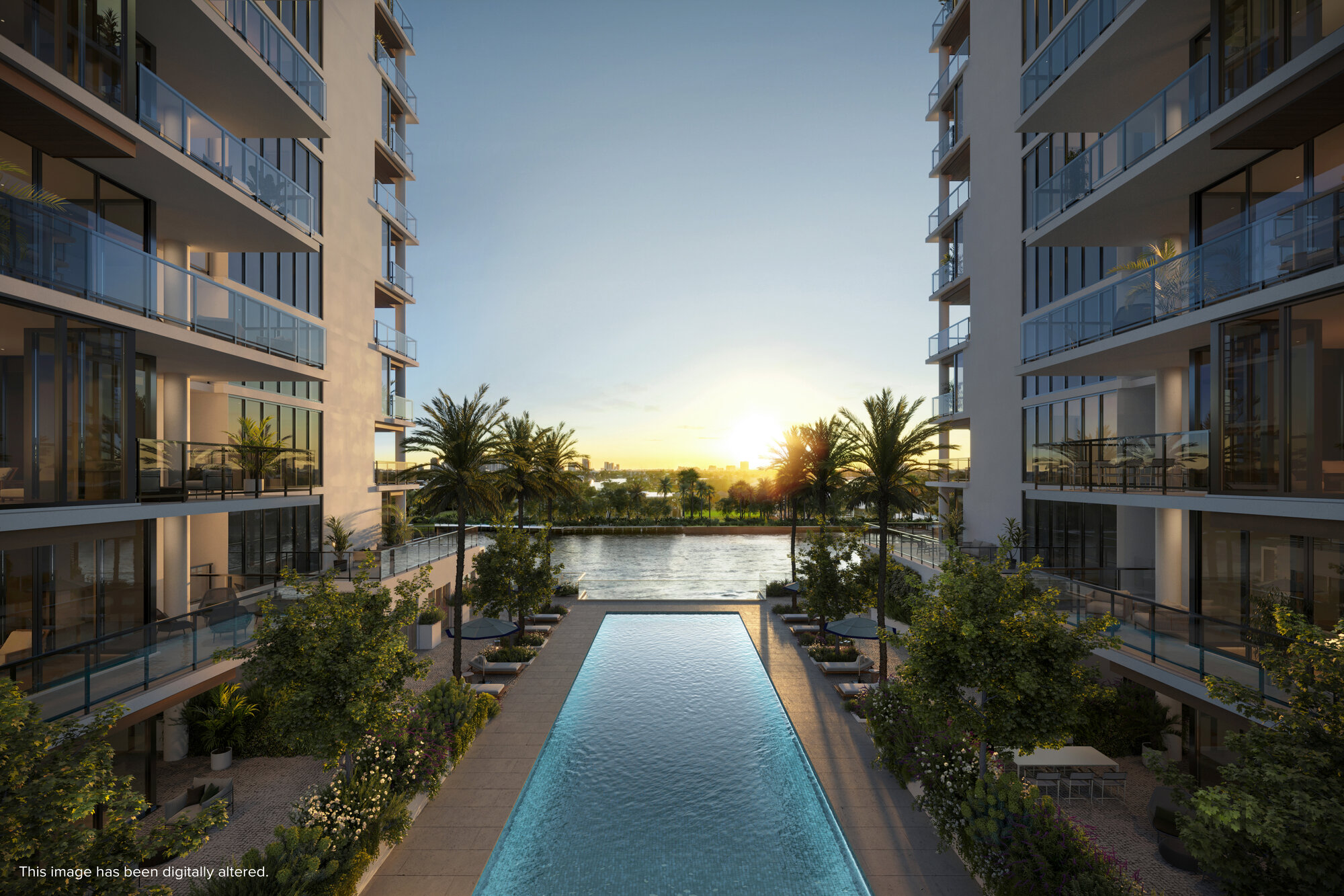 Renderización de la piscina de nado entre las dos torres de The Ritz-Carlton Residences, Fort Lauderdale Beach