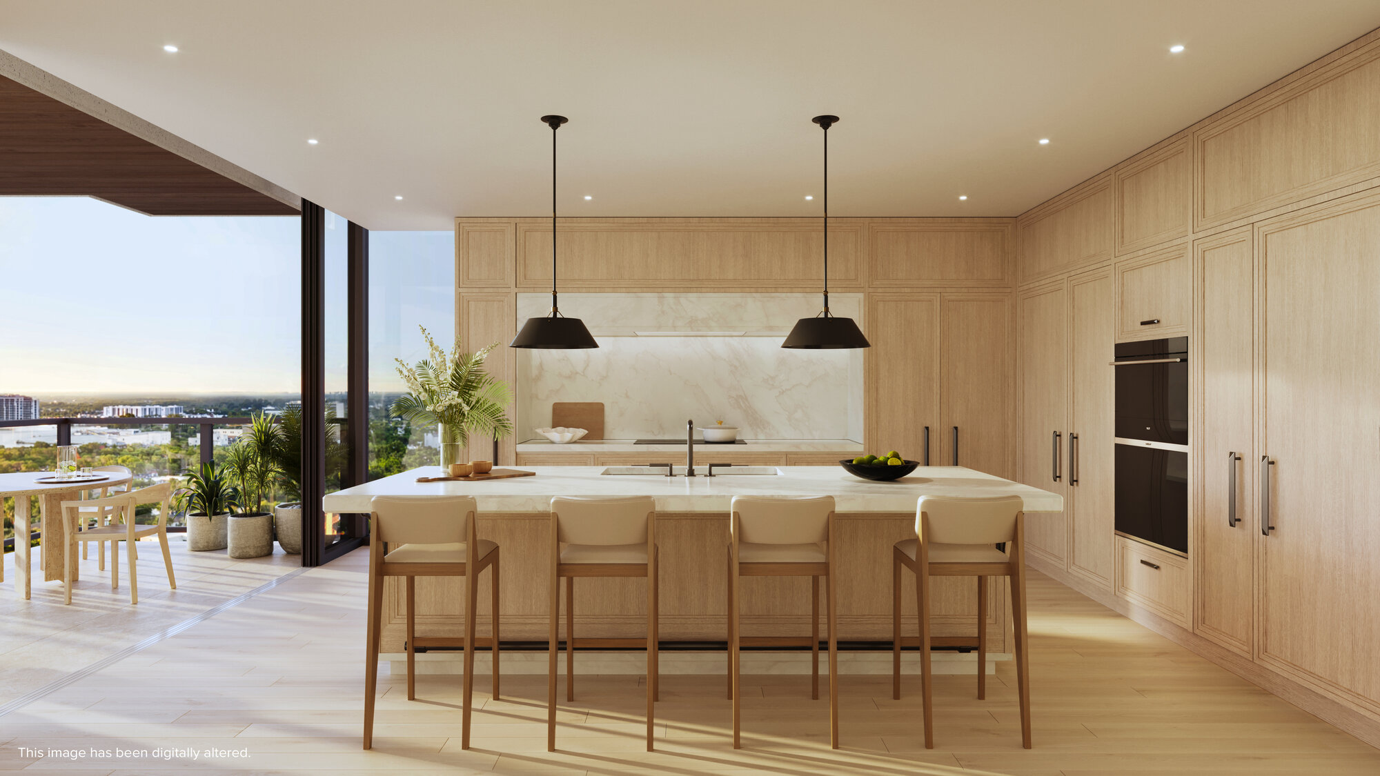 Renderización de la cocina de una residencia con gabinetes de roble y terraza