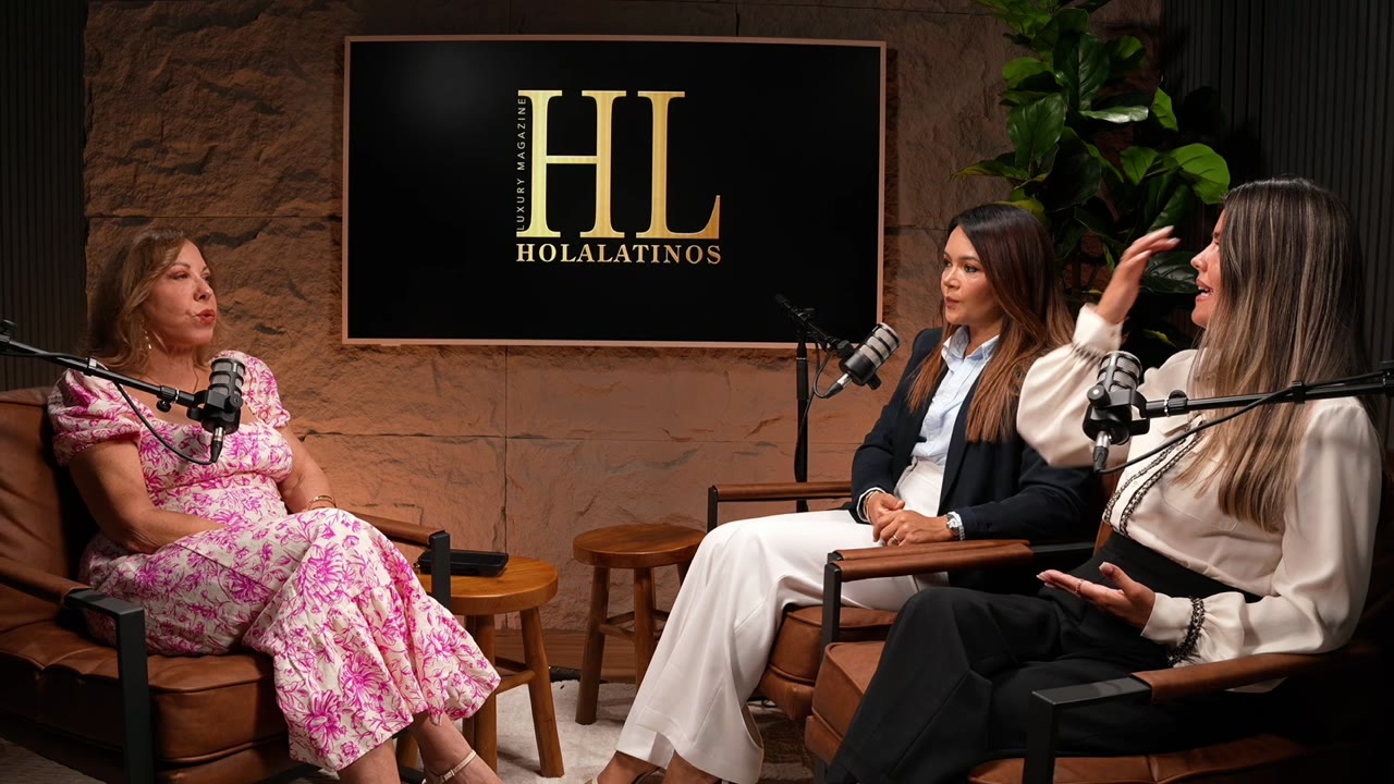Nancy Esteves with guests Adriana Diaz and Masiel Dorta in the Hola Latinos podcast studio