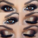 Close-up collage of eyes with glamorous gold and brown smokey eye makeup.