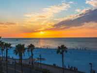 Sunset over a beach with palm trees and people walking.