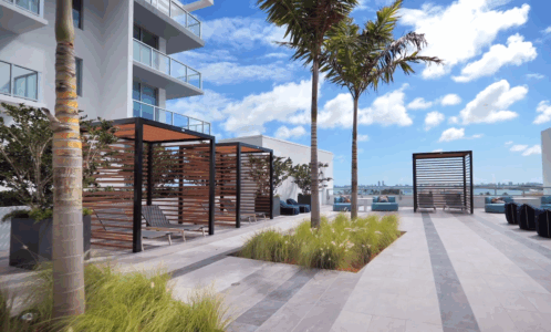 Modern outdoor pool area with palm trees and lounge chairs by a building.