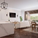 Elegant modern kitchen with marble island and wooden dining area.