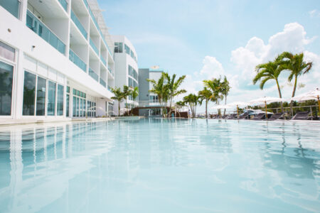 A modern resort pool with palm trees and clear blue sky.