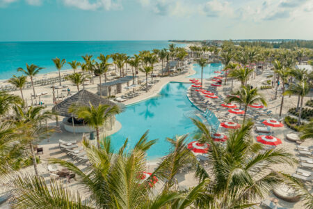 Luxurious resort pool with palm trees and ocean view under a bright sky.