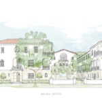 Architectural sketch of a Mediterranean-style villa with greenery.