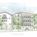 Architectural drawing of a Mediterranean-style building with arches and balconies.