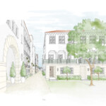 Watercolor sketch of a charming street with white buildings and a leafy tree.