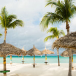Tropical beach with palm trees and thatched umbrellas along white sand.