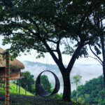 Person sitting in a large circular chair under a tree overlooking a scenic mountainous landscape.
