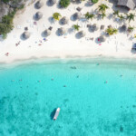 Aerial view of a tropical beach with turquoise water and umbrellas.