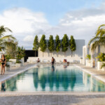 People enjoying a sunny day at a modern rooftop pool with palm trees.