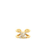 Elegant gold ring with diamond accents forming a stylish design.