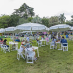 People seated under large white umbrellas on a grassy lawn during a daytime event.