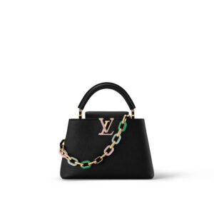 Elegant black Louis Vuitton handbag with colorful chain and gold logo.
