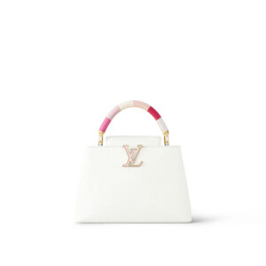 Elegant white handbag with pink-accented handle and gold LV logo.