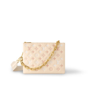 Elegant beige Louis Vuitton wallet with gold chain and signature monogram.