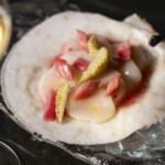 Fresh scallop served in its shell with garnishes.