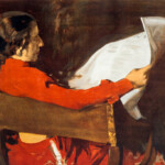 Man in red coat reading a newspaper.
