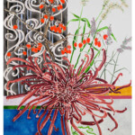 Intricate floral artwork blending red flowers with abstract black and white patterns.