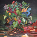 A vibrant surreal tree with colorful, abstract fruits on a dark, otherworldly landscape.