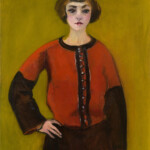 Portrait of a woman in a red and brown dress against a mustard yellow background.
