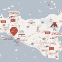A detailed map highlighting key locations in Sicily, Italy.