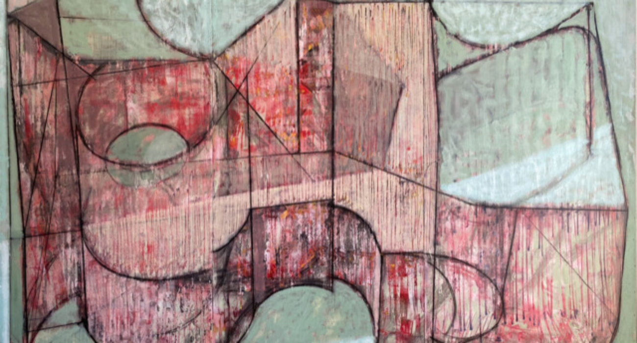 Abstract geometric shapes in muted red and green tones.